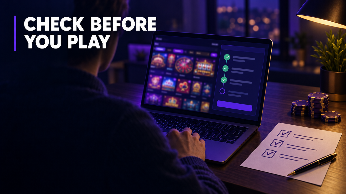 Player reviewing an online casino withdrawal checklist on a laptop beside a paper checklist and casino chips, showing what offshore casino players should check before depositing