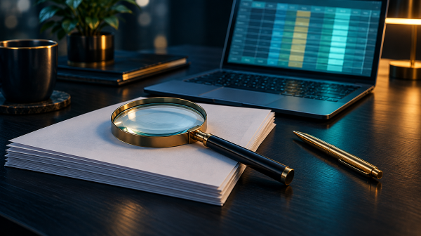 Magnifying glass over a stack of blank terms papers with a laptop showing an abstract spreadsheet grid behind it