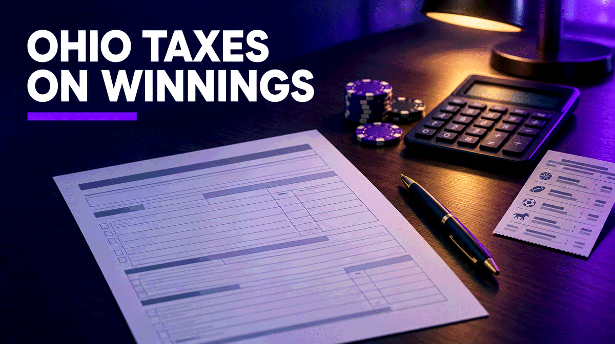 Blank tax form, calculator, betting slip and casino chips on a desk, illustrating how Ohio taxes gambling winnings in 2026