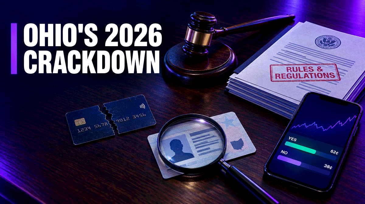 Gavel, rule documents, a cut credit card, an ID under a magnifying glass and a prediction-market app, showing Ohio regulators 2026 sports betting actions