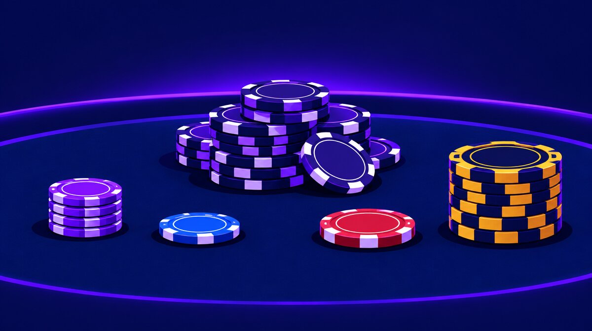 Poker chips for antes, blinds and a straddle pushed into the middle before the cards are dealt