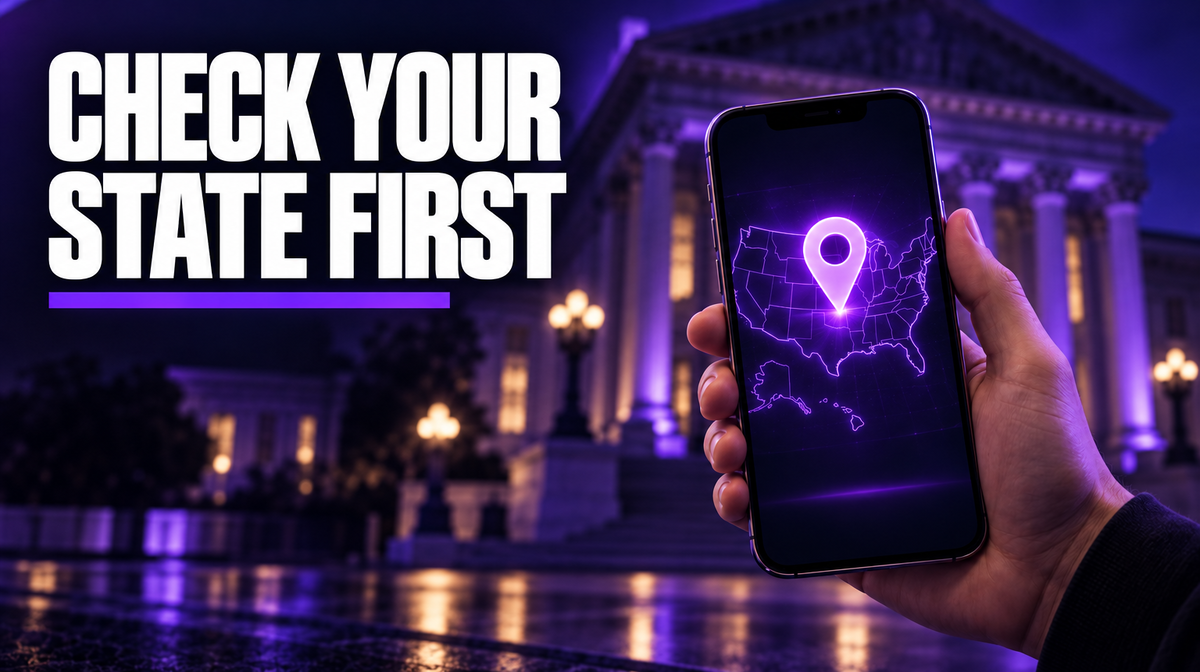 Phone showing a location pin on a US map in front of a courthouse at night under the headline Check Your State First