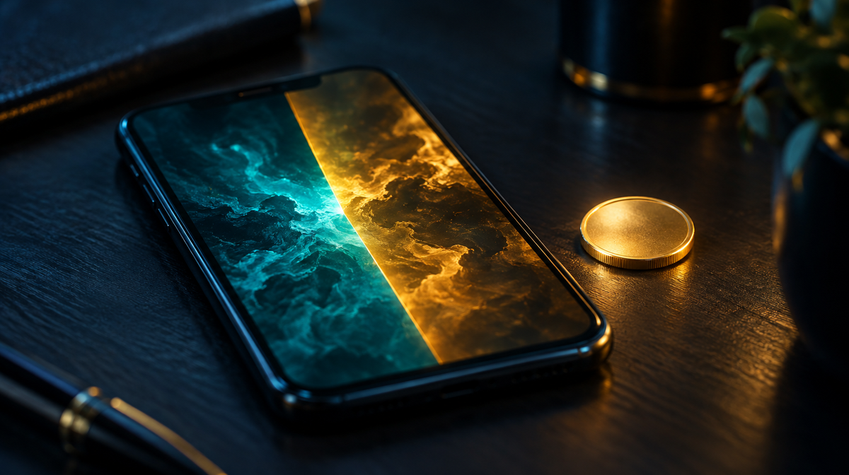 Smartphone showing a teal and gold yes and no split screen beside a single gold coin