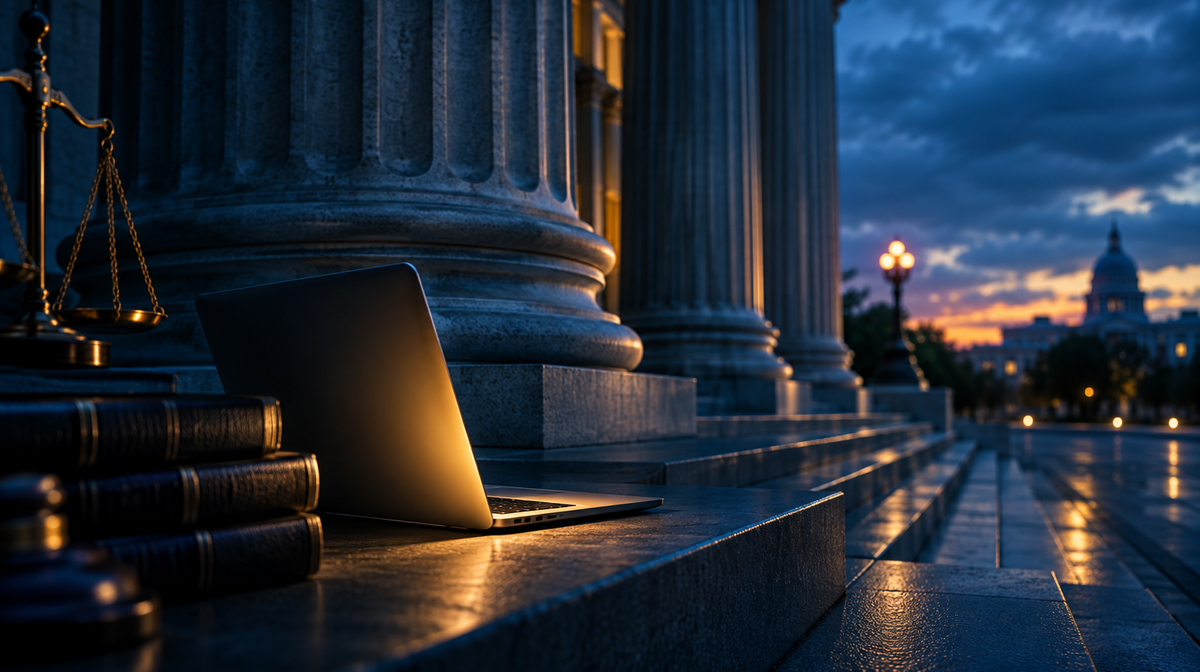 Courthouse columns and steps at dusk with a laptop glowing in the foreground and the Capitol dome in the distance