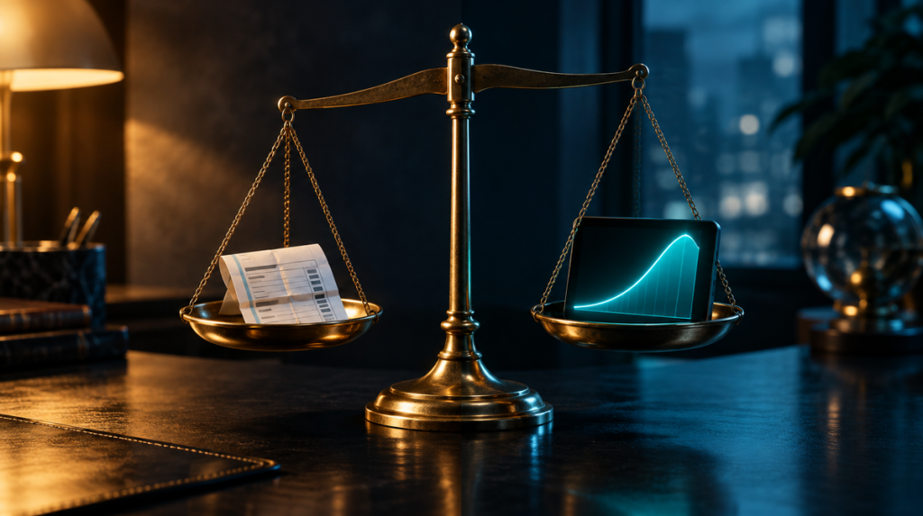 Brass balance scale holding a paper betting slip on one side and a glowing probability chart on a tablet on the other