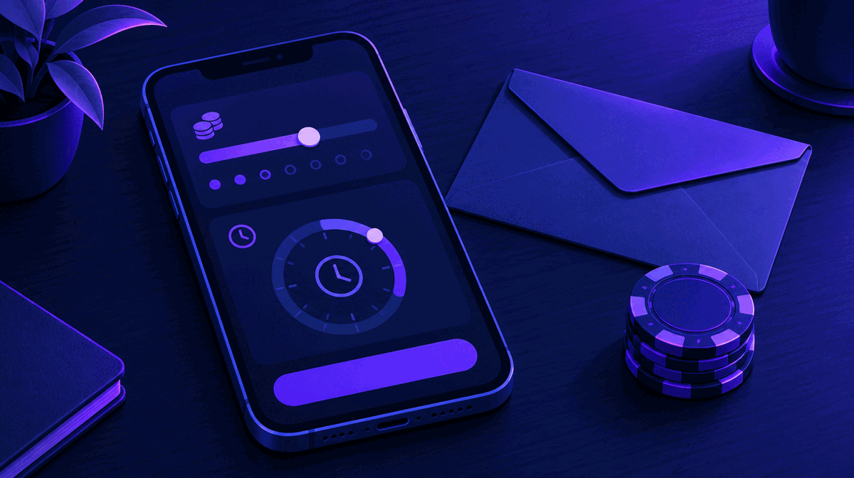 Smartphone showing a deposit limit slider and timer dial next to an envelope and chips, illustrating setting limits before gambling