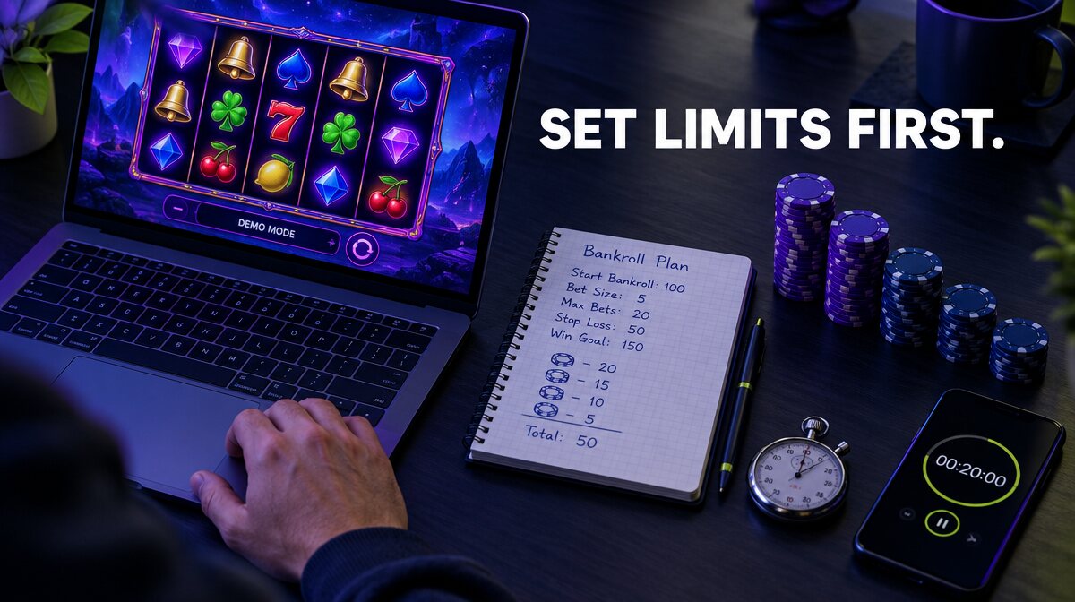 Laptop showing a slot game in demo mode beside a bankroll plan notebook, chip stacks and a timer
