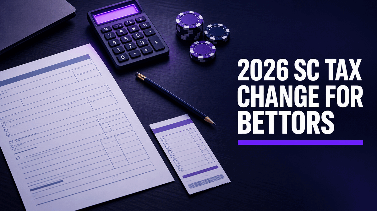 Blank state tax form, calculator, betting slip and chips on a desk, illustrating how South Carolina 2026 income tax changes affect gambling winnings