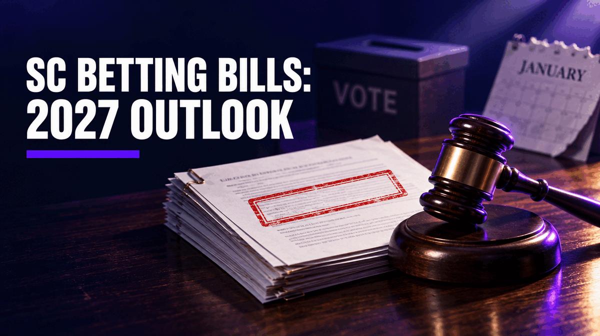 Stack of stamped legislative bills next to a gavel, ballot box and January calendar, showing South Carolina betting bills that died before the 2027 session