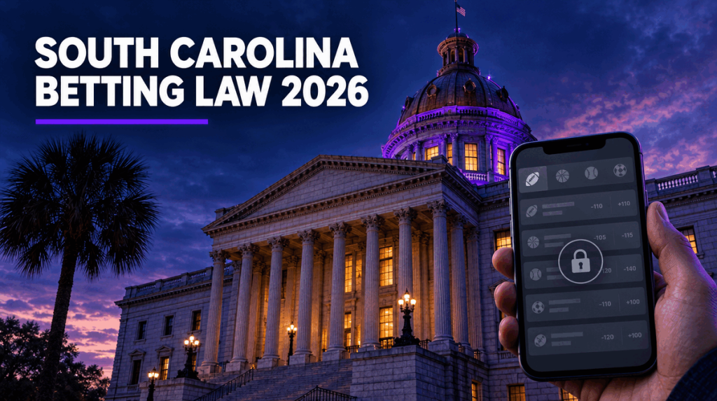 South Carolina State House at dusk beside a palmetto tree, with a phone showing a locked sports betting screen