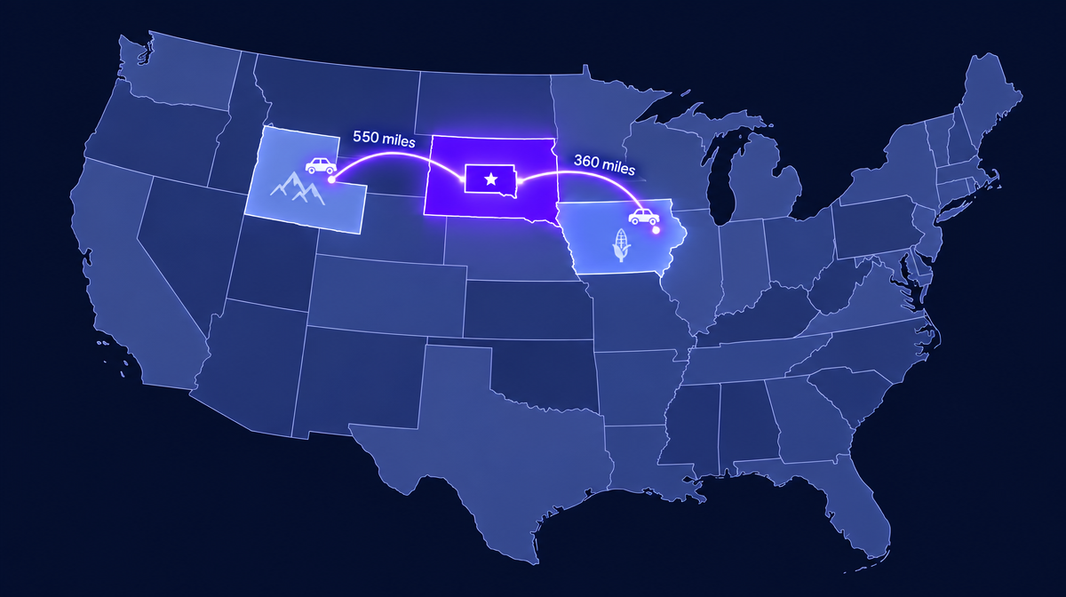 Map showing drive distances from South Dakota cities to nearest legal sports betting in Iowa and Wyoming