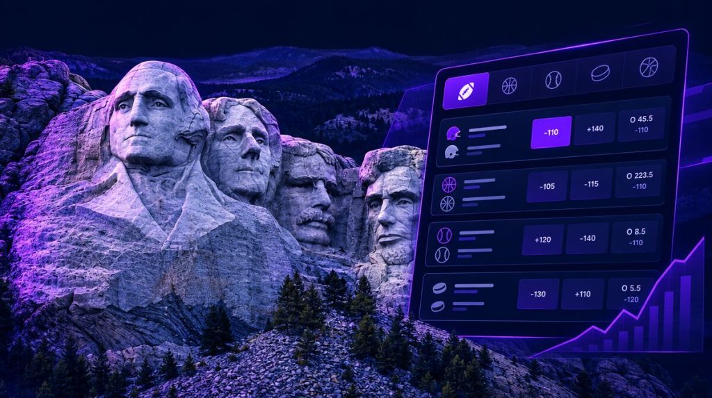 South Dakota sports betting guide — Mount Rushmore with digital sportsbook overlay showing betting odds