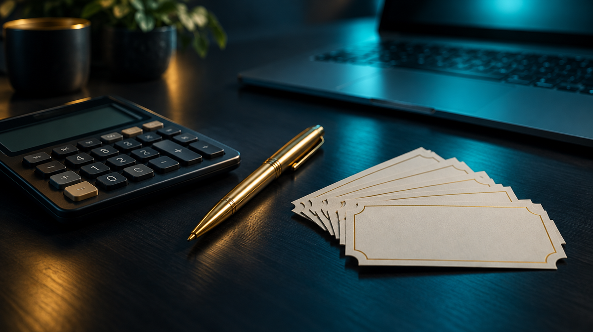Calculator, gold pen and a fan of blank bonus coupons on a dark desk