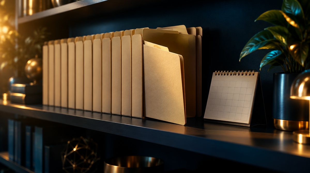Row of unmarked file folders on a shelf with one pulled out beside a small calendar page