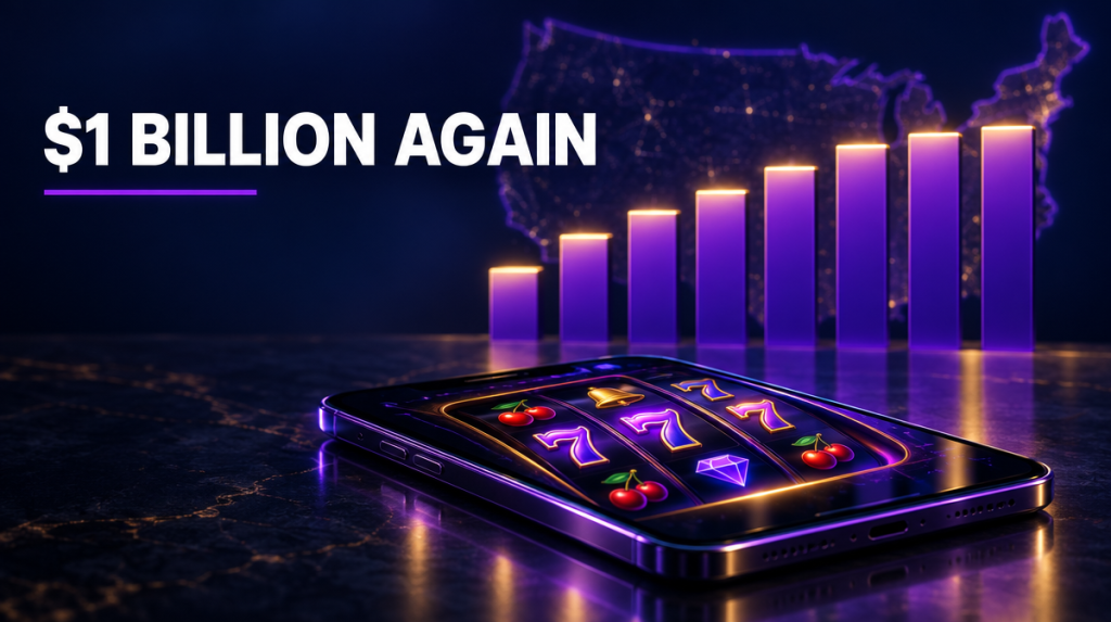Smartphone showing an online slot game in front of a glowing purple bar chart over a U.S. map, illustrating US iCasino revenue topping $1 billion in August 2026