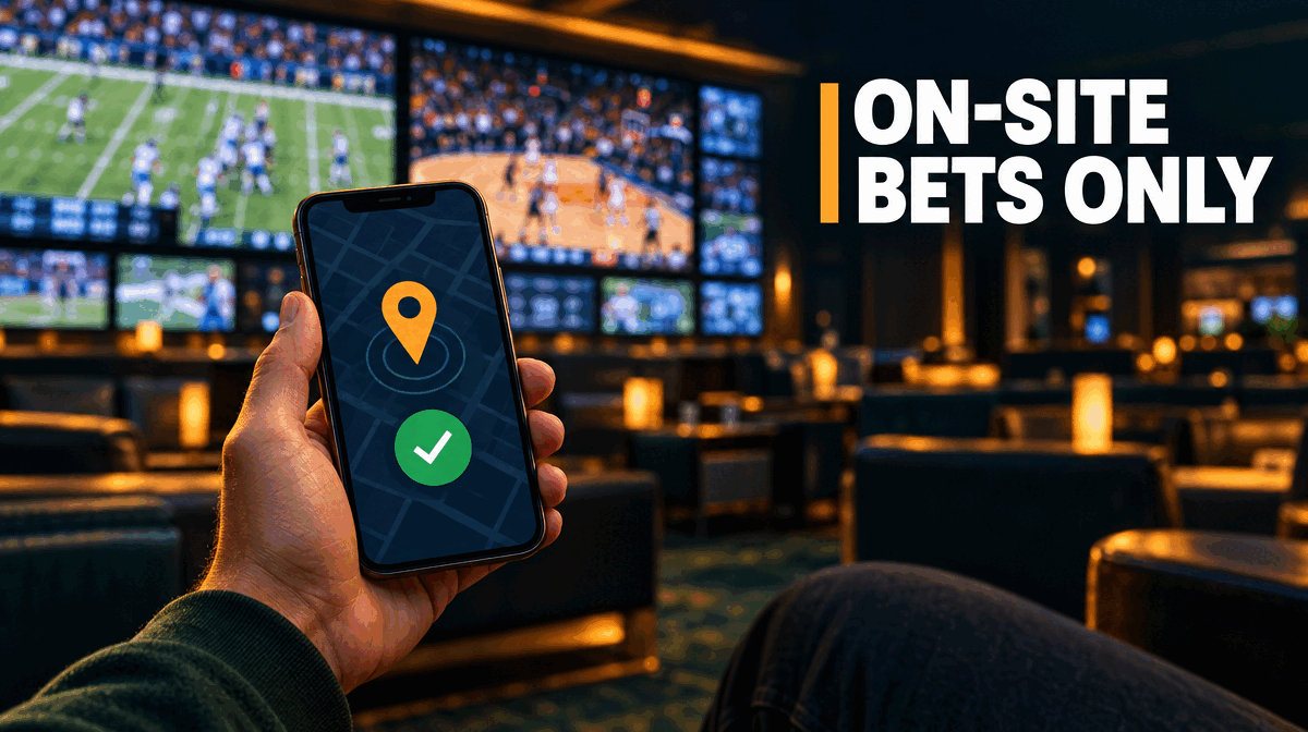 Hand holding a phone showing a location check inside a casino sportsbook lounge, illustrating that Washington bets must be placed on site