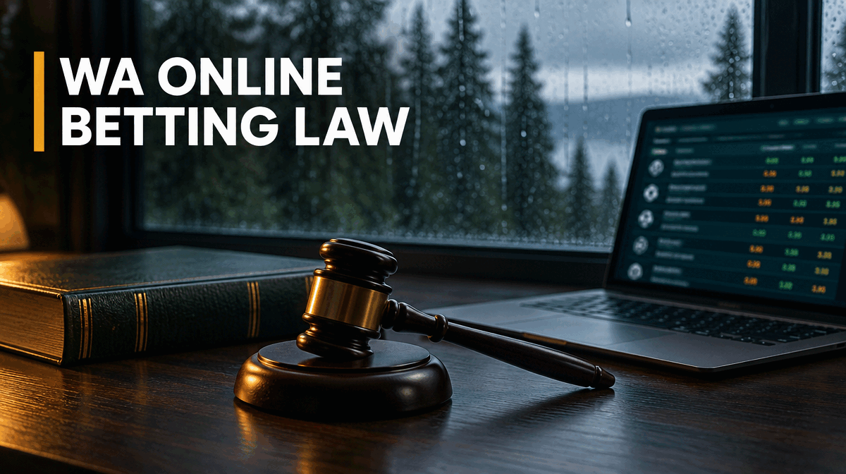Judge gavel beside a laptop showing blurred betting odds, illustrating Washington law that makes online gambling a class C felony